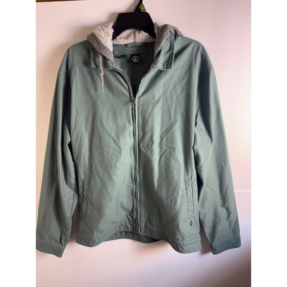 Volcom Mens Hooded Canvas Jacket Sage Green Full‎ Zip Water Resistant Size Large